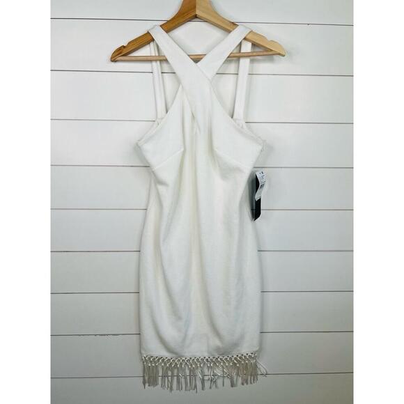 Adrianna Papell White Sleeveless Halter Neck Fringe Trim Dress Bodycon Size US 8 - Picture 2 of 13